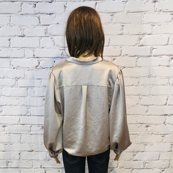 KAREN KANE - Satin front tie long sleeve taupe coloured blouse - Picture 9 of 10